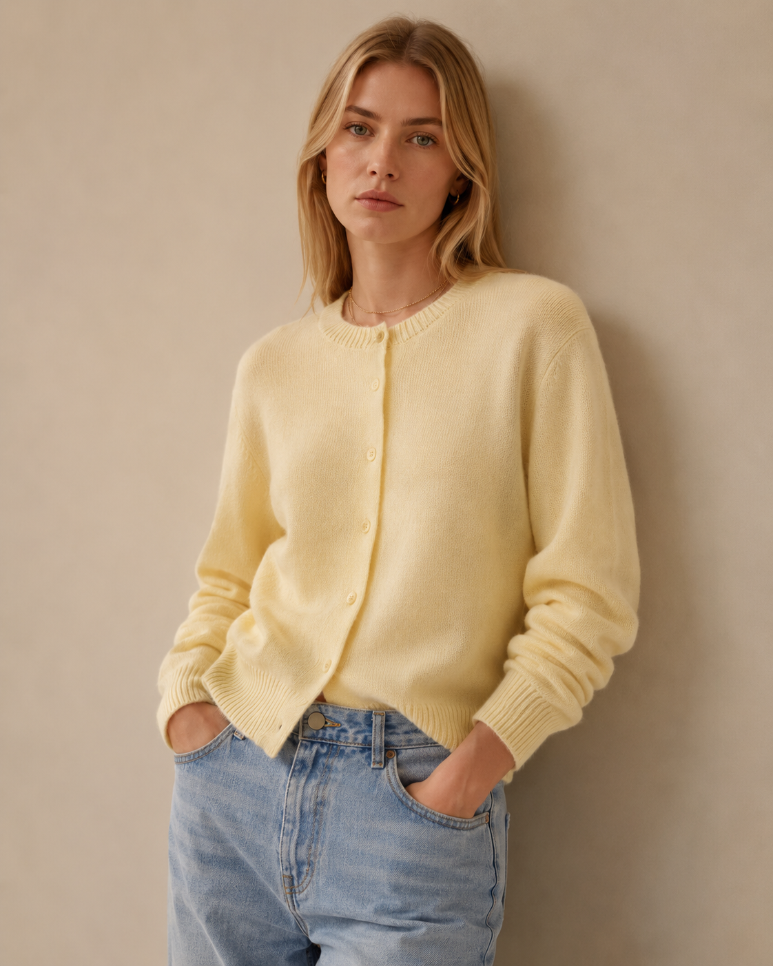 Ribbed Trim Crew Neck Button Front Cardigan
