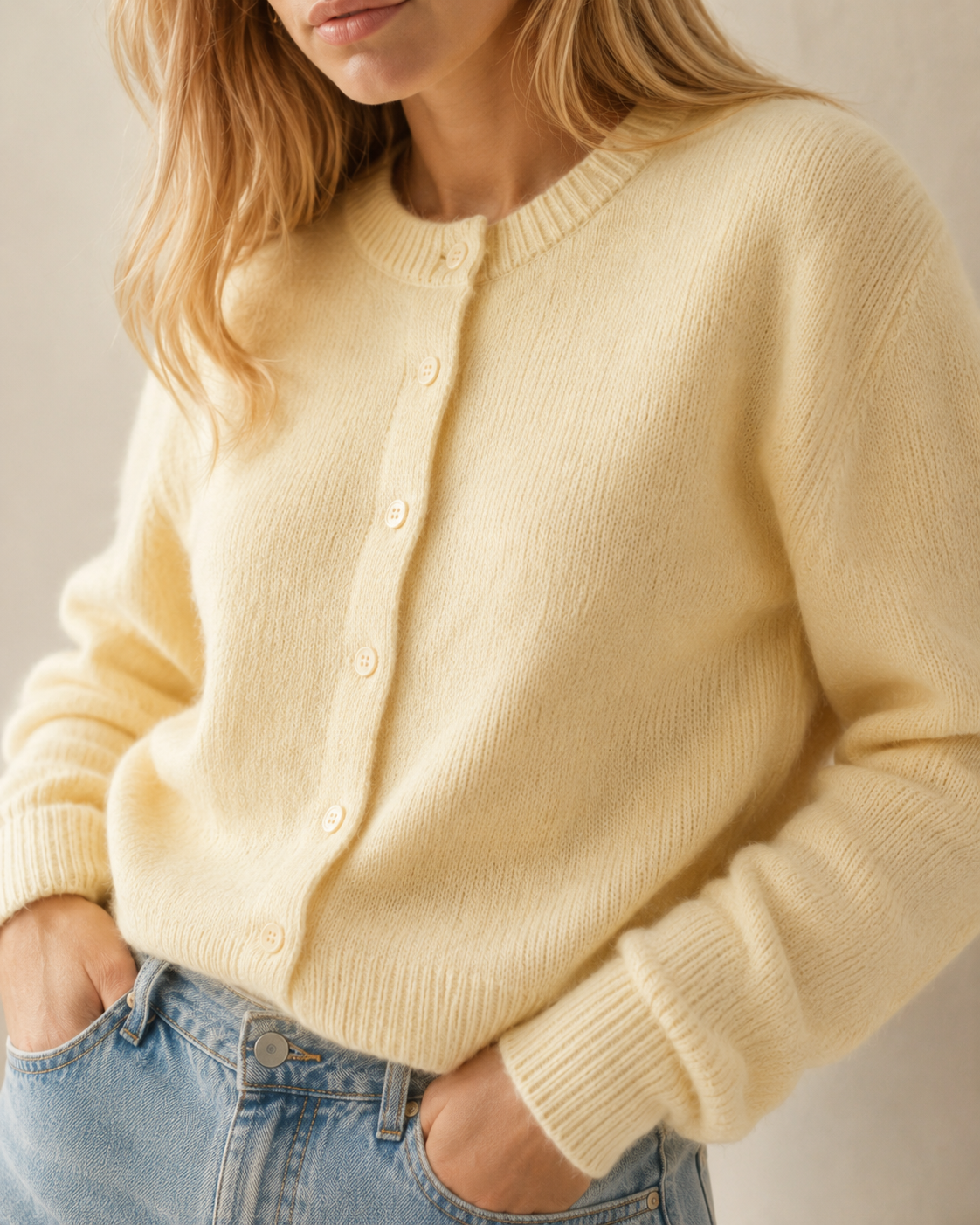 Ribbed Trim Crew Neck Button Front Cardigan