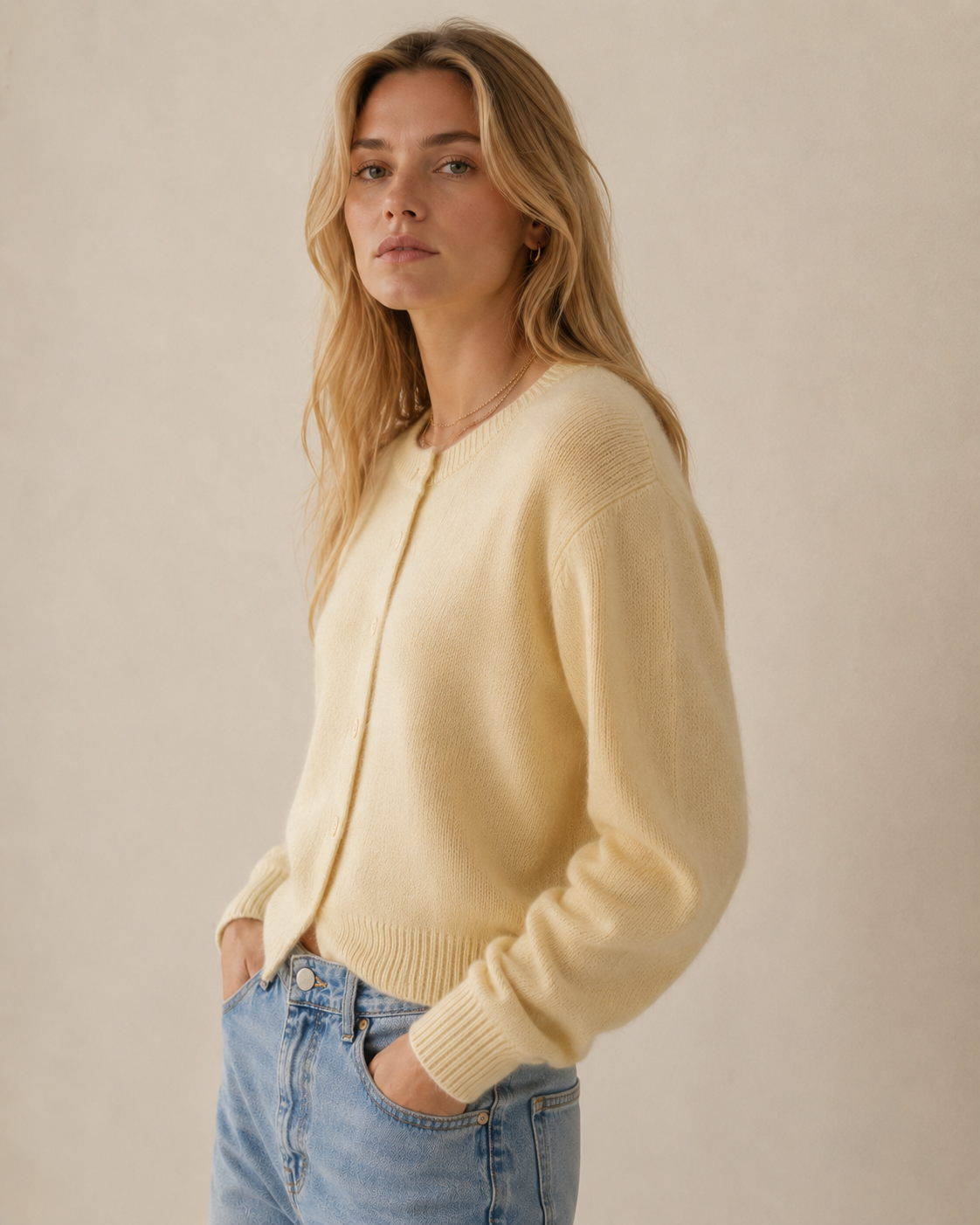 Ribbed Trim Crew Neck Button Front Cardigan