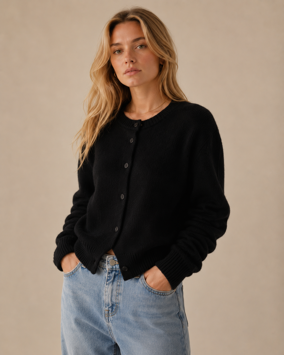 Ribbed Trim Crew Neck Button Front Cardigan