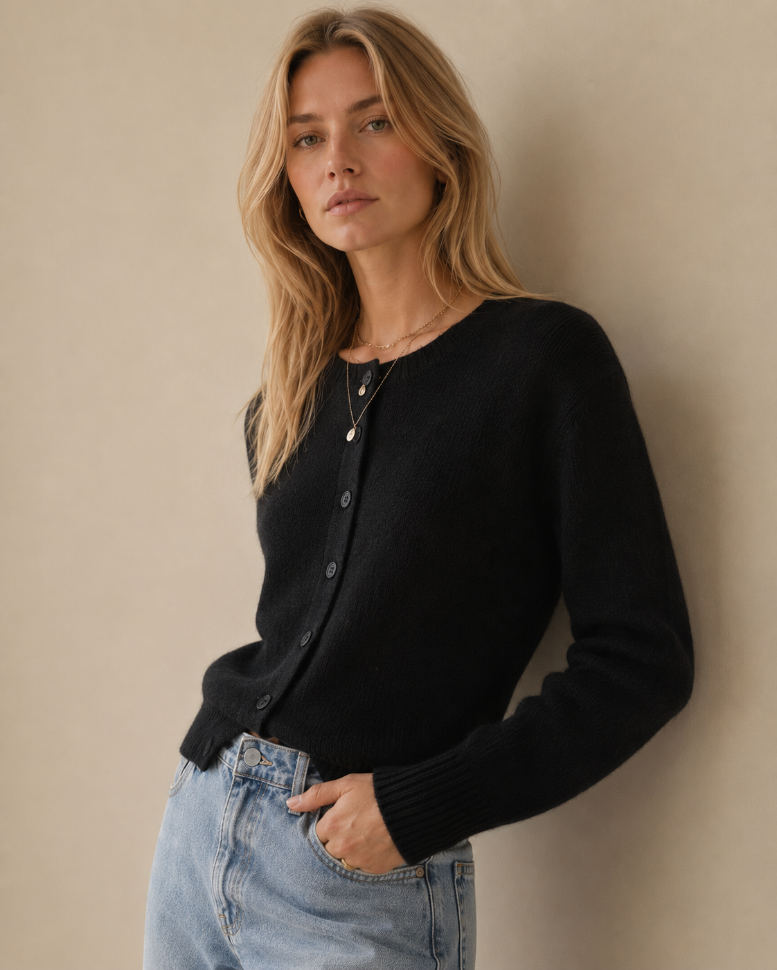 Ribbed Trim Crew Neck Button Front Cardigan