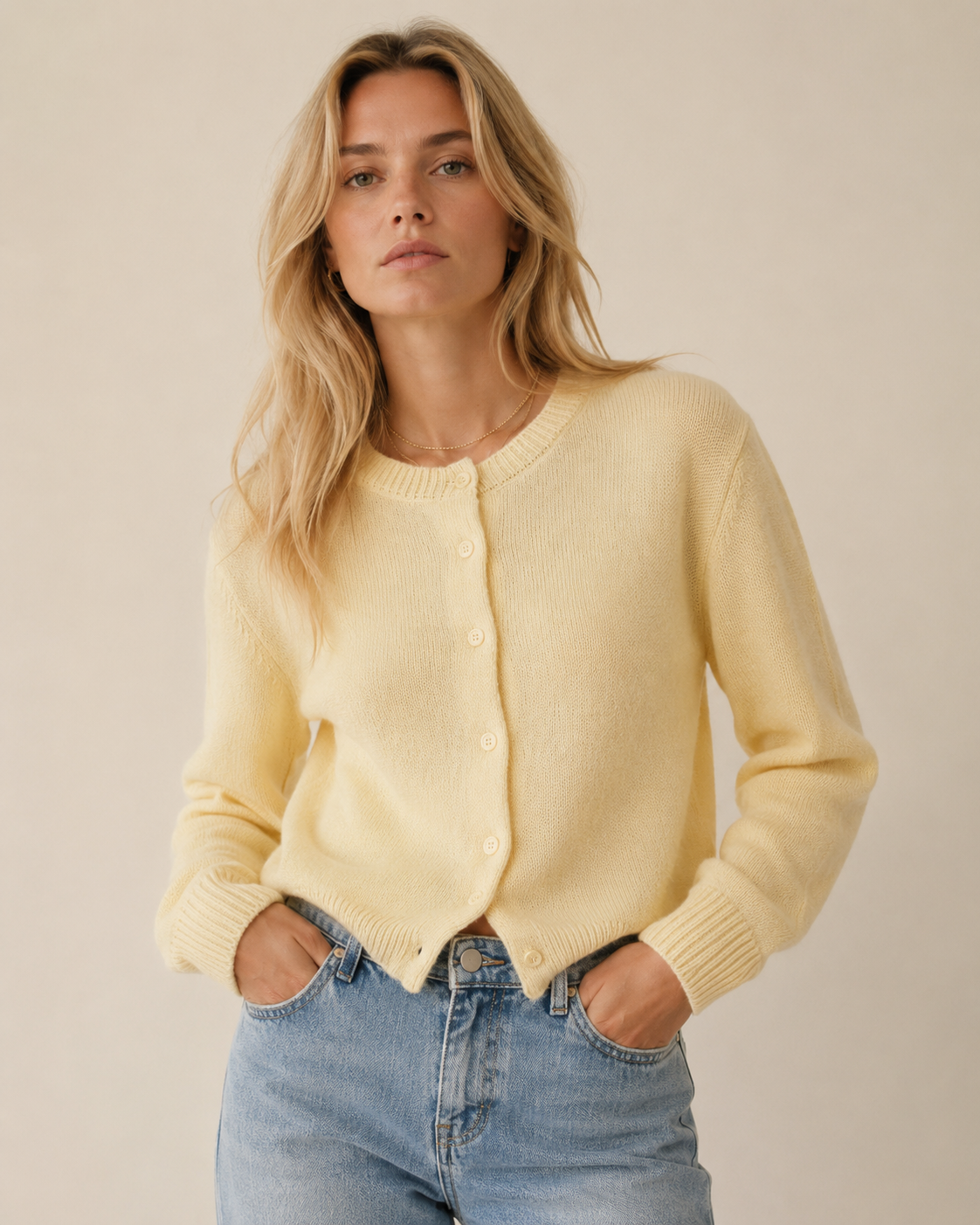 Ribbed Trim Crew Neck Button Front Cardigan