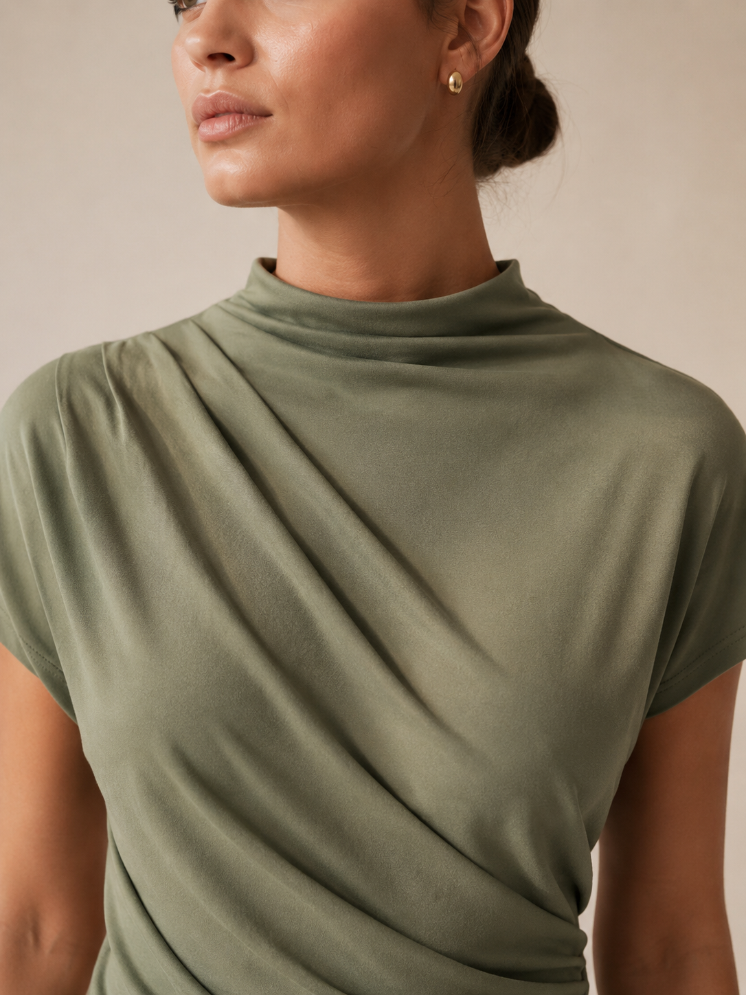 Sage Green Ruched Mock Neck Short Sleeve Top