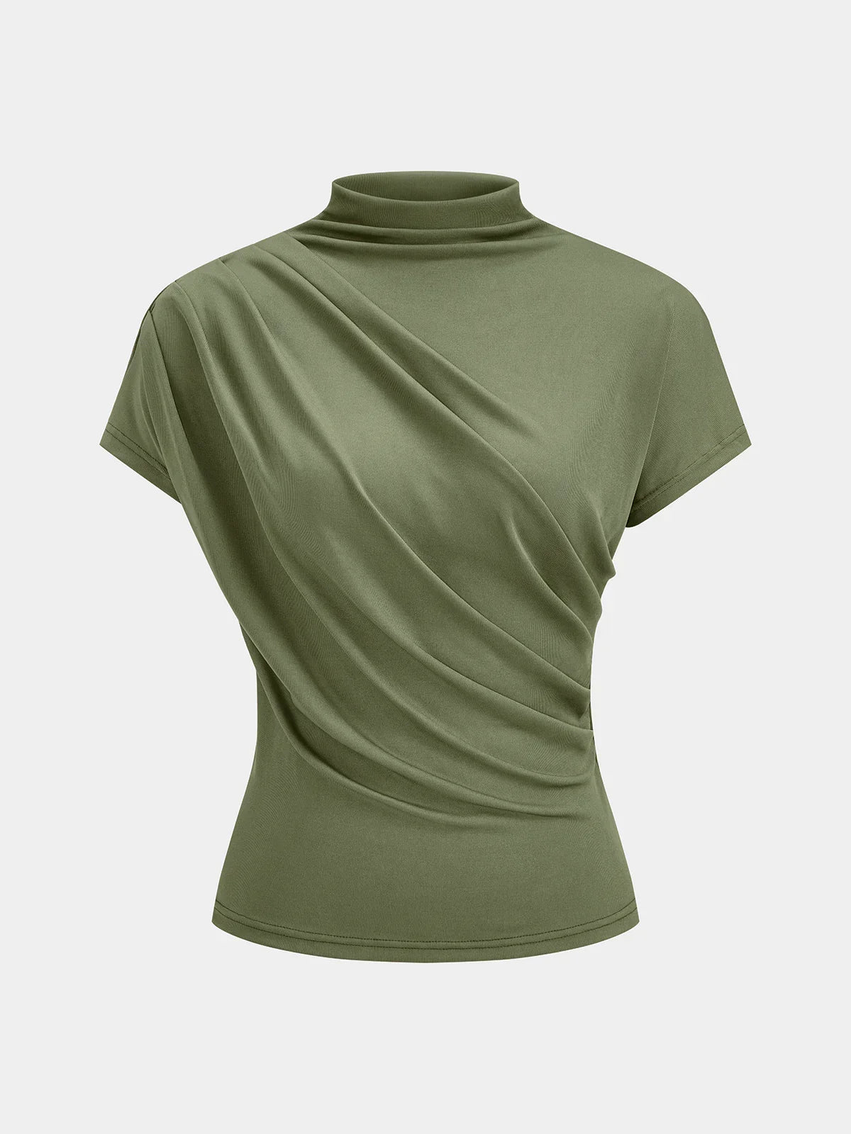 Sage Green Ruched Mock Neck Short Sleeve Top
