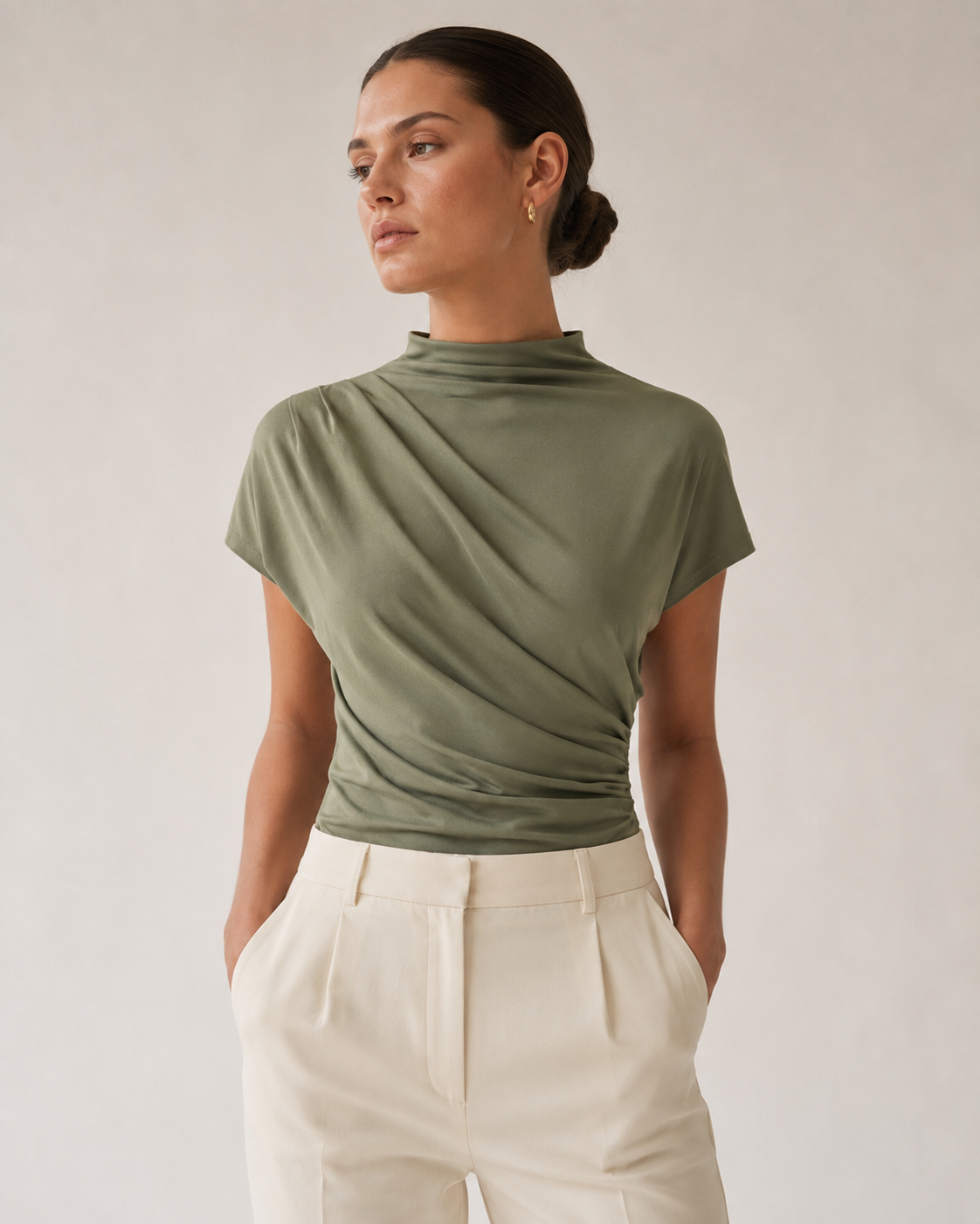 Sage Green Ruched Mock Neck Short Sleeve Top