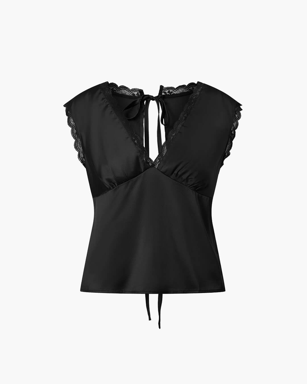 Satin Deep V-Neck Lace Trim Cami Top