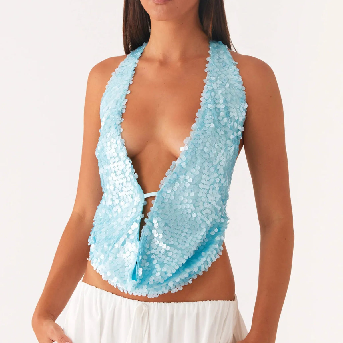 Sequin Deep V-Neck Halter Top with Open Back