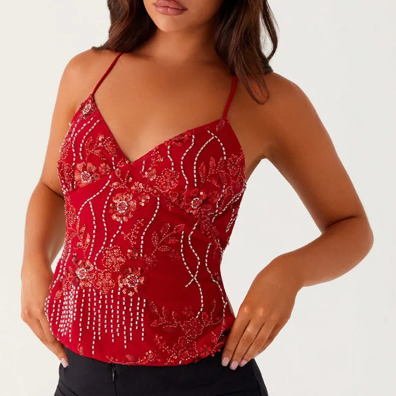 Sequin Halter Cami with Rhinestone Details
