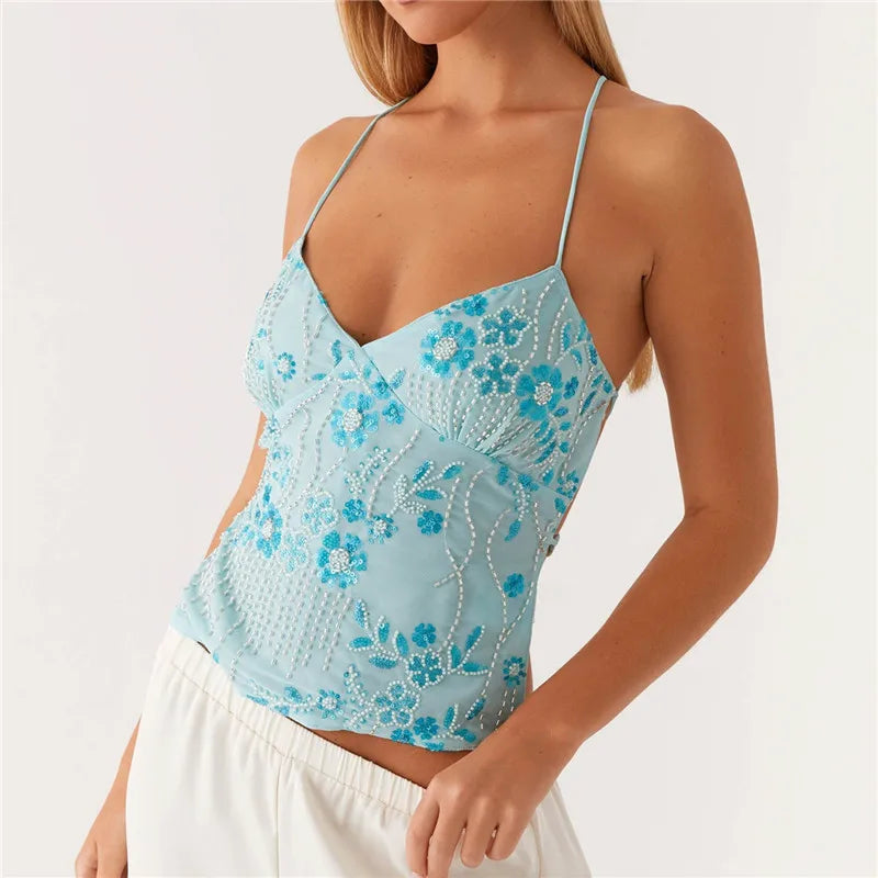 Sequin Halter Cami with Rhinestone Details