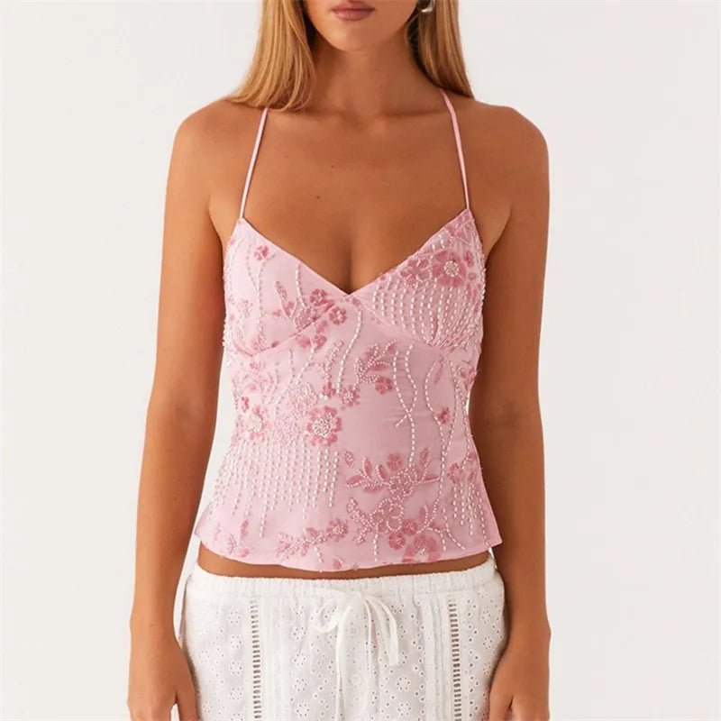 Sequin Halter Cami with Rhinestone Details