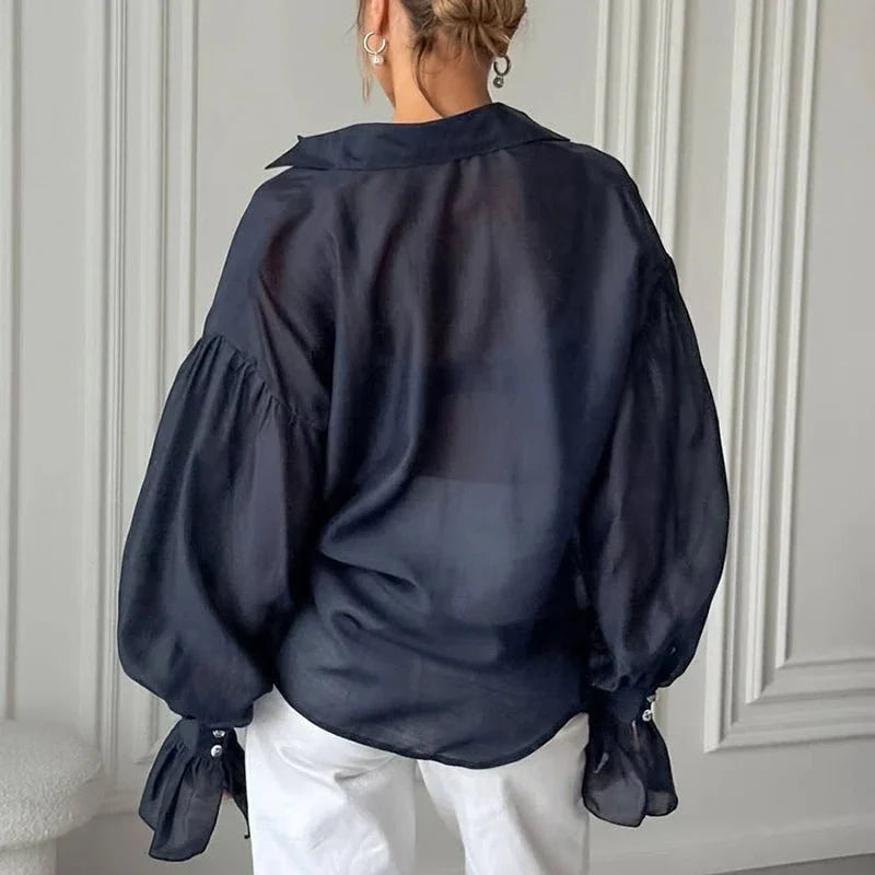 Sheer Chiffon Long Sleeve Button Cuff Blouse