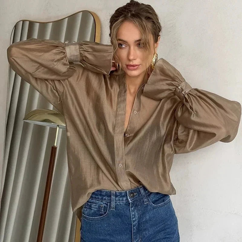 Sheer Chiffon Long Sleeve Button Cuff Blouse
