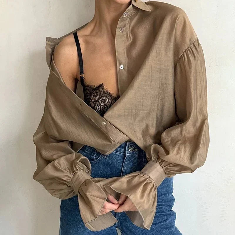 Sheer Chiffon Long Sleeve Button Cuff Blouse