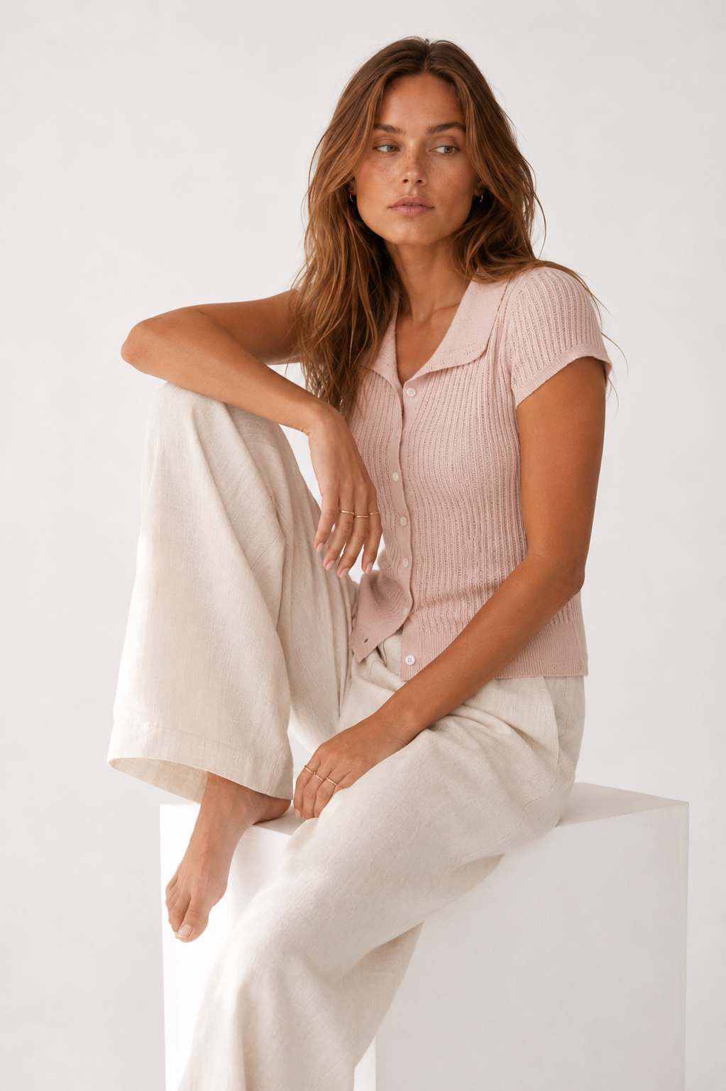 Short Sleeve Button Collar Knit Top