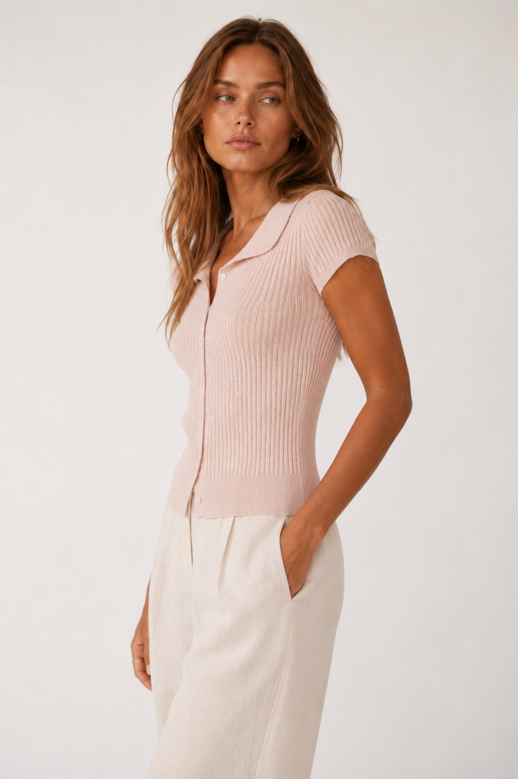 Short Sleeve Button Collar Knit Top