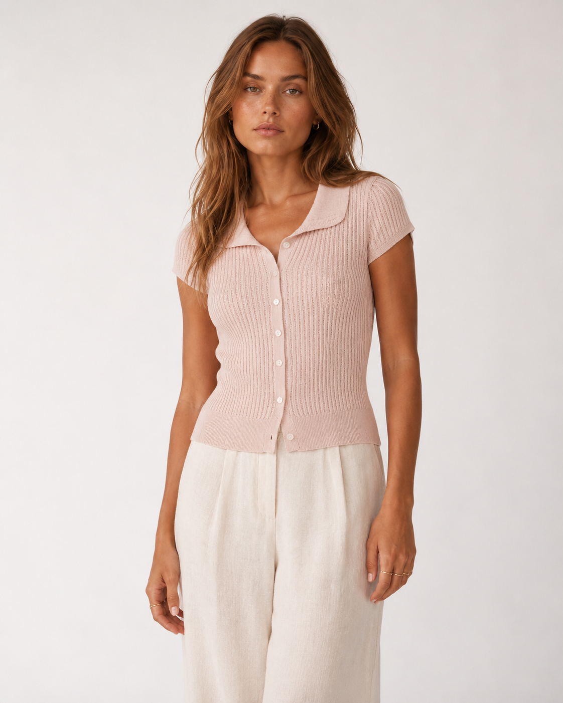 Short Sleeve Button Collar Knit Top