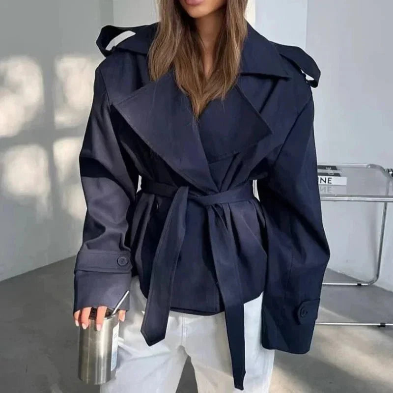Short Trench Coat with Side Lace-Up Waist