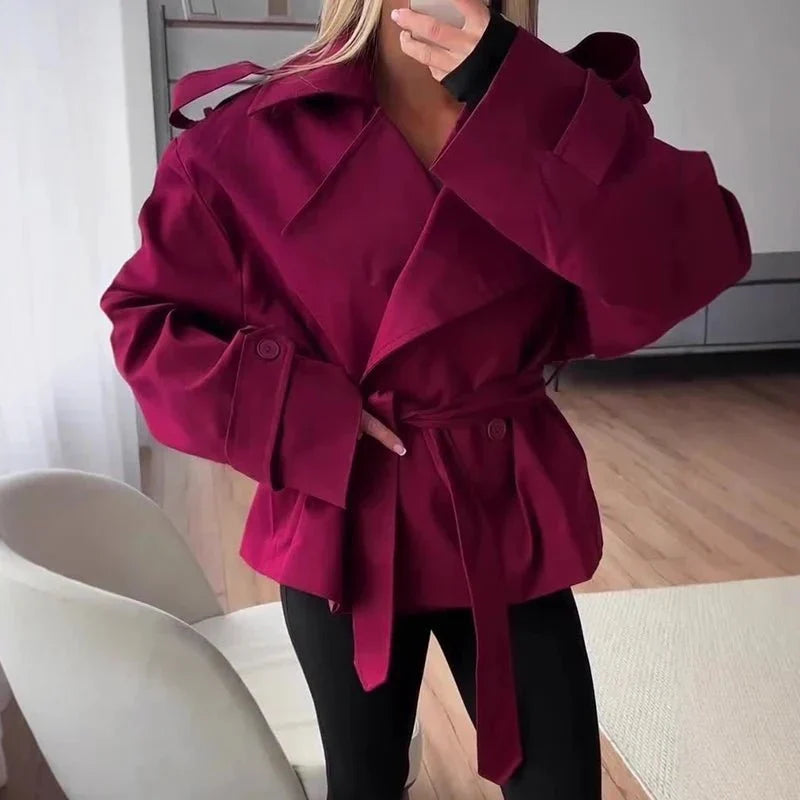Short Trench Coat with Side Lace-Up Waist