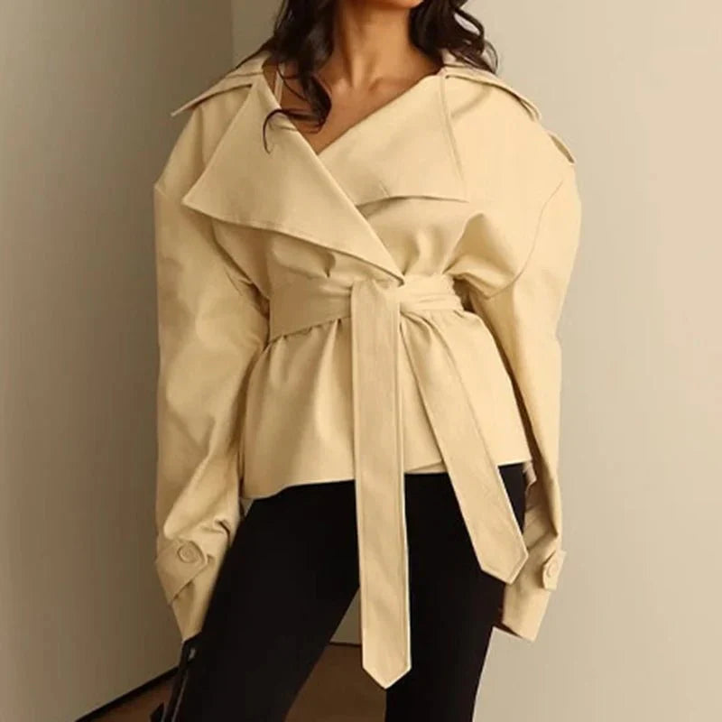 Short Trench Coat with Side Lace-Up Waist