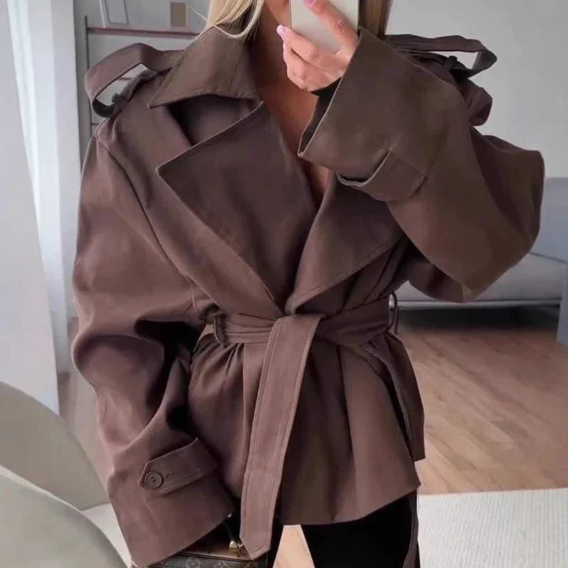 Short Trench Coat with Side Lace-Up Waist