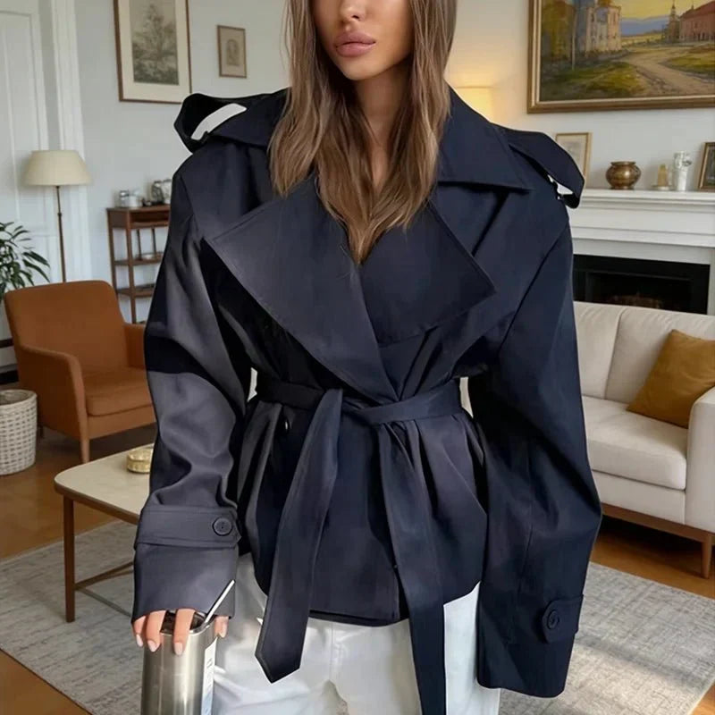 Short Trench Coat with Side Lace-Up Waist