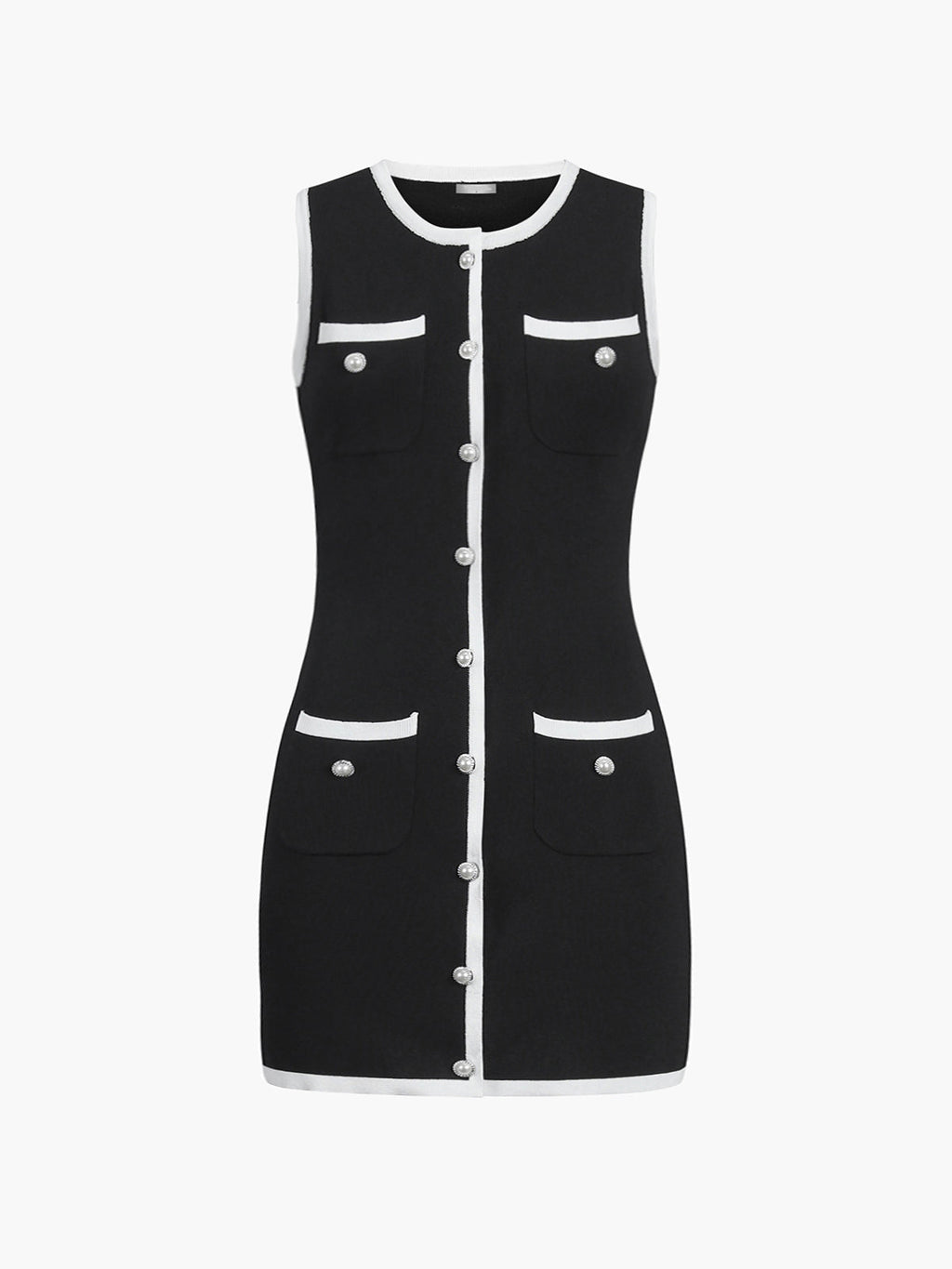 Sleeveless Button Front Knit Mini Dress with Pockets