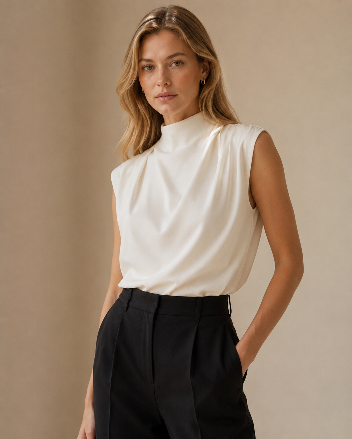 Sleeveless Draped High Neck Blouse