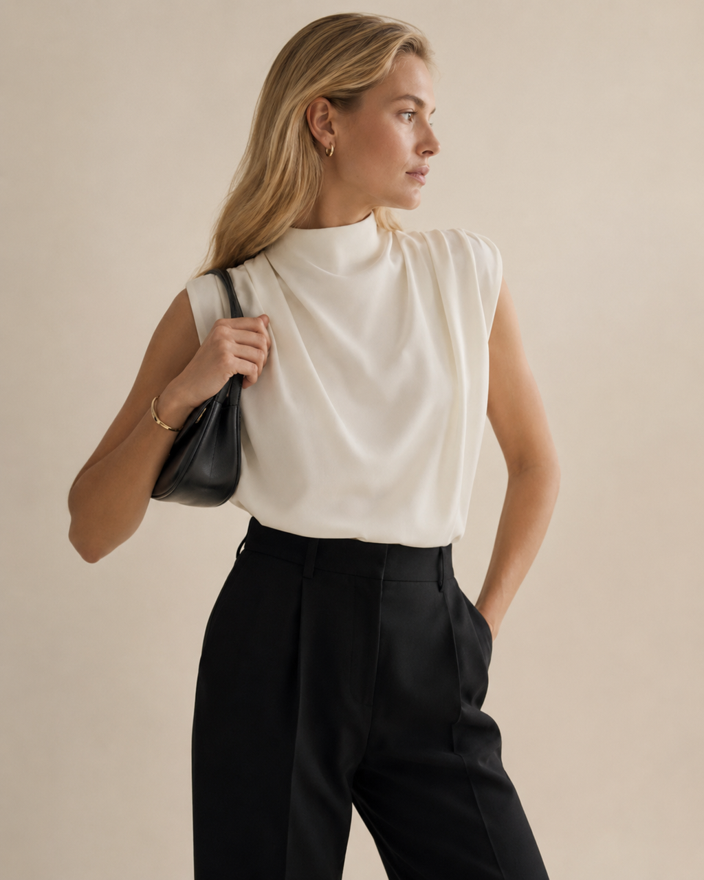 Sleeveless Draped High Neck Blouse
