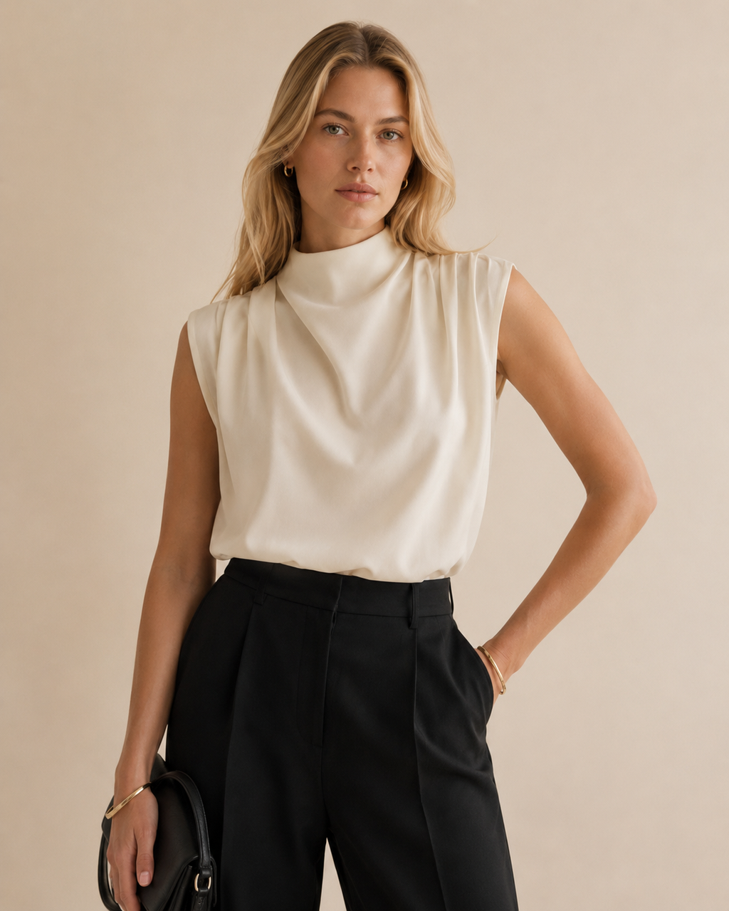 Sleeveless Draped High Neck Blouse