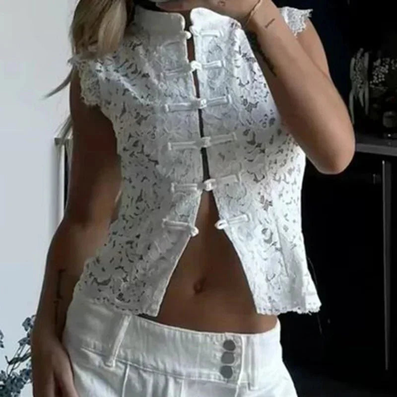 Sleeveless Eyelet Lace High Neck Top