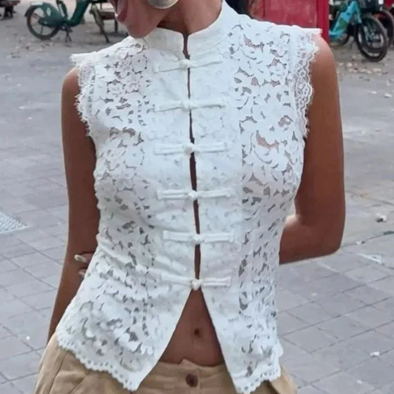Sleeveless Eyelet Lace High Neck Top