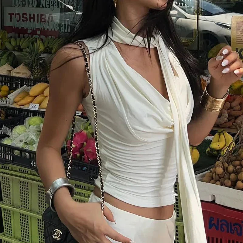 Sleeveless Knit Top with Tie V-Neck