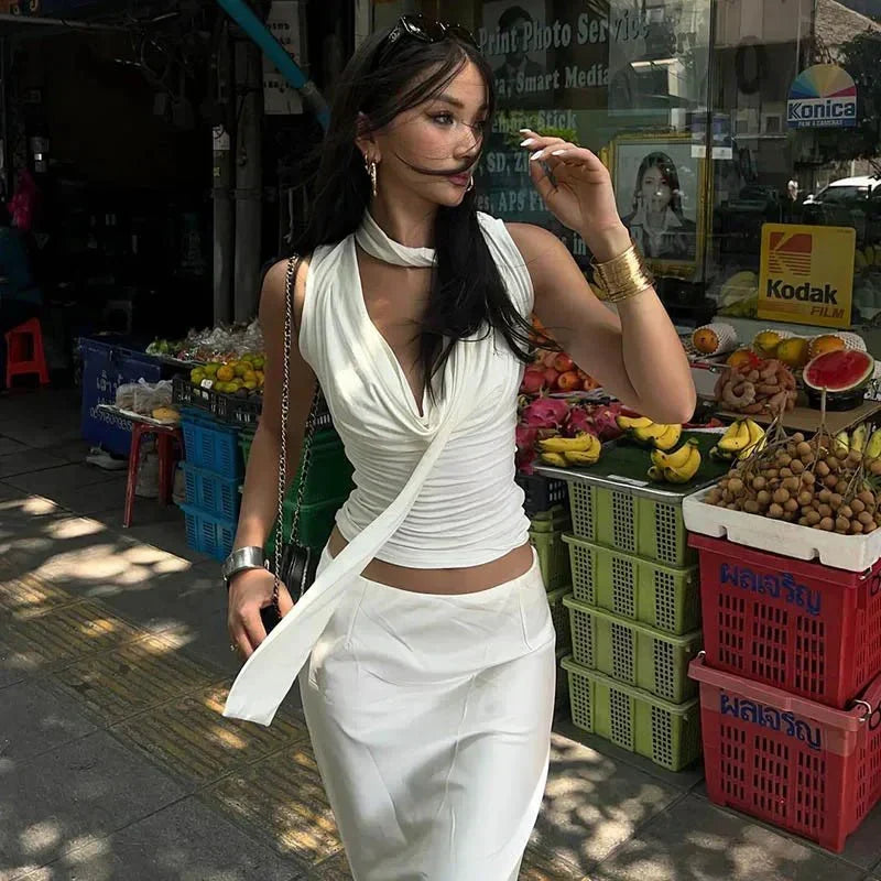 Sleeveless Knit Top with Tie V-Neck