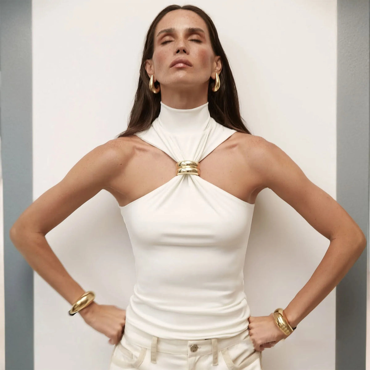 Sleeveless Mock Neck Knit Tank with O-Ring Detail