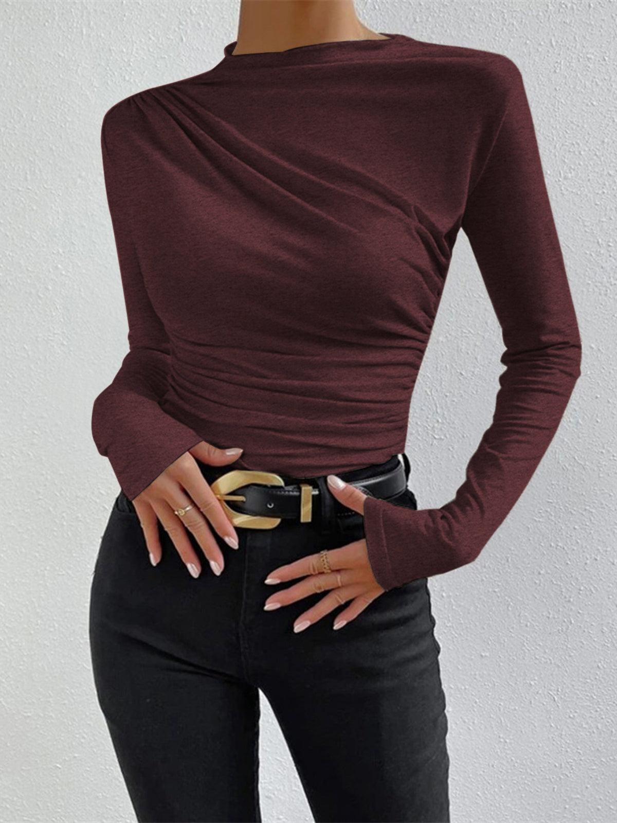 Soft Ruched High Neck Long Sleeve Top