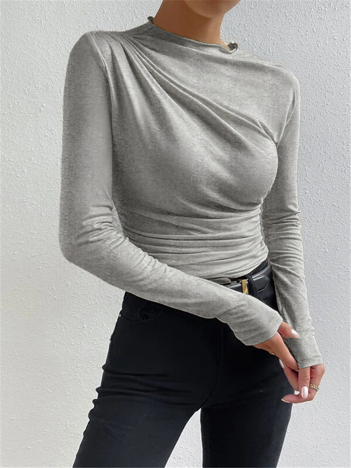 Soft Ruched High Neck Long Sleeve Top