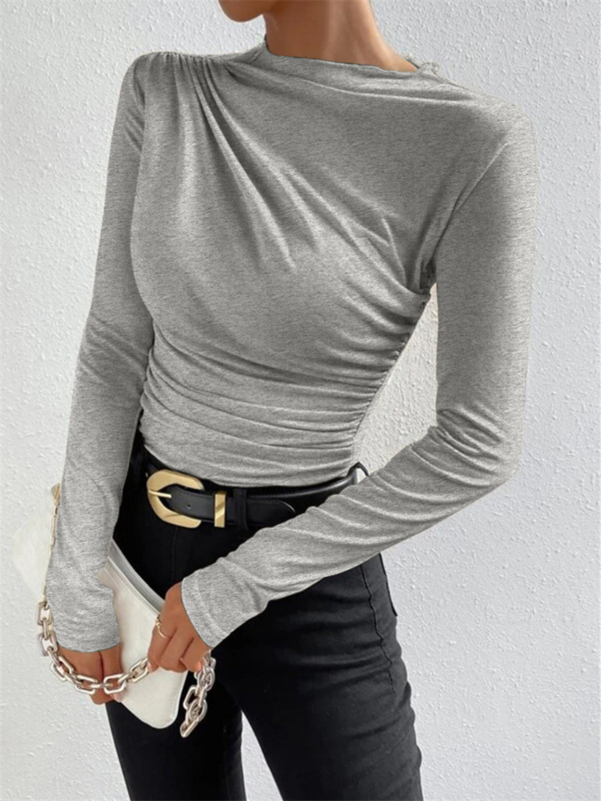 Soft Ruched High Neck Long Sleeve Top