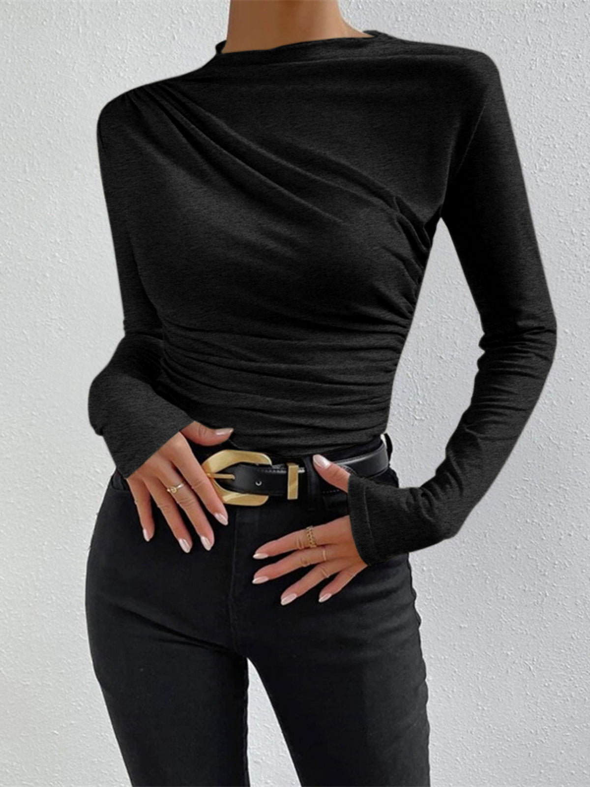 Soft Ruched High Neck Long Sleeve Top