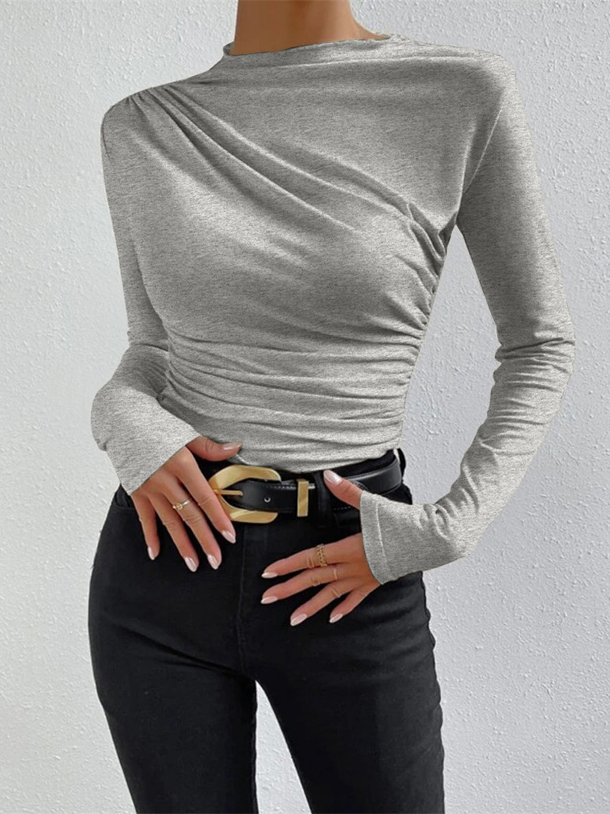 Soft Ruched High Neck Long Sleeve Top