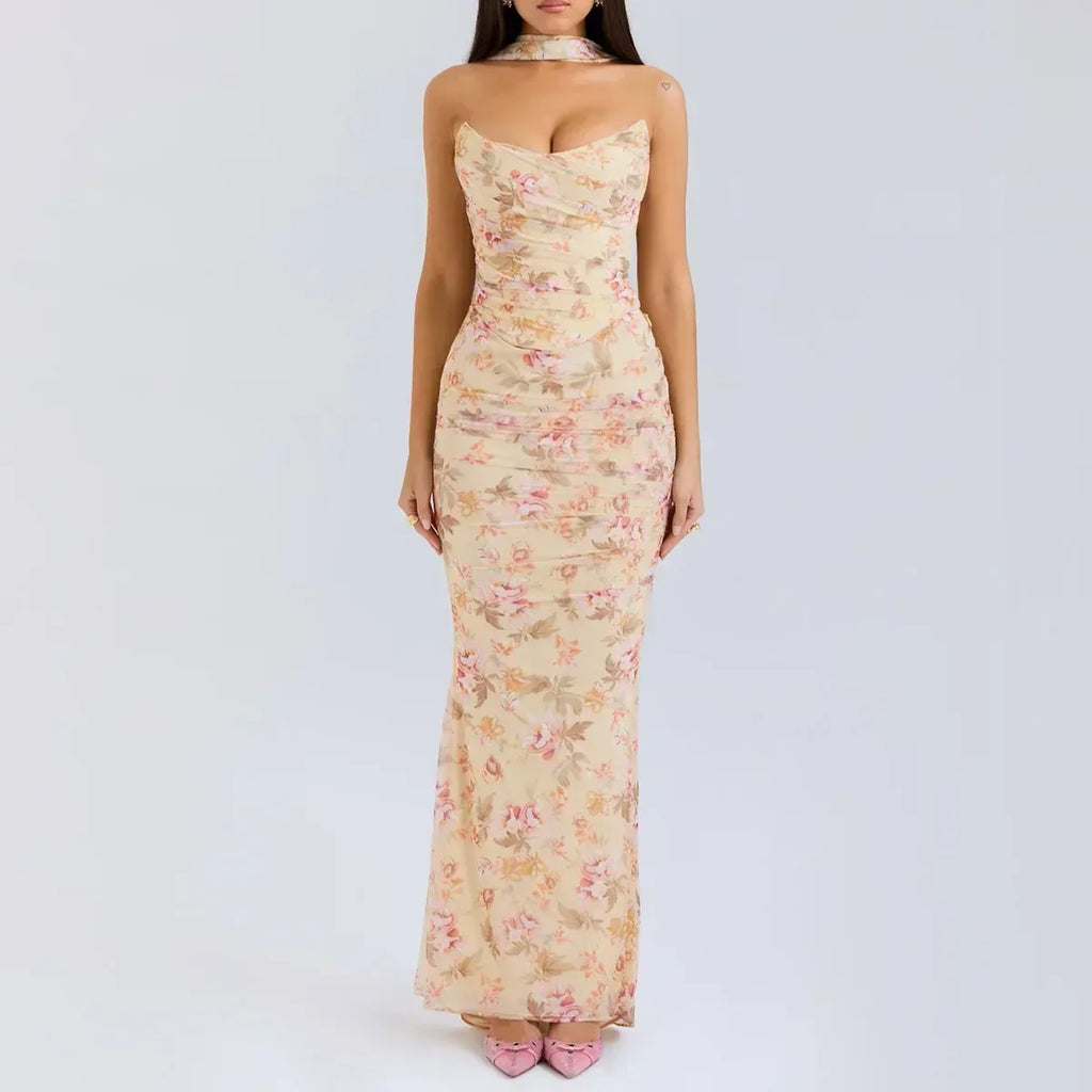 Strapless Crop Top, Maxi Skirt and Scarf Three Piece Set