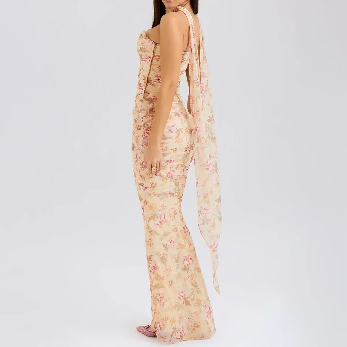Strapless Crop Top, Maxi Skirt and Scarf Three Piece Set