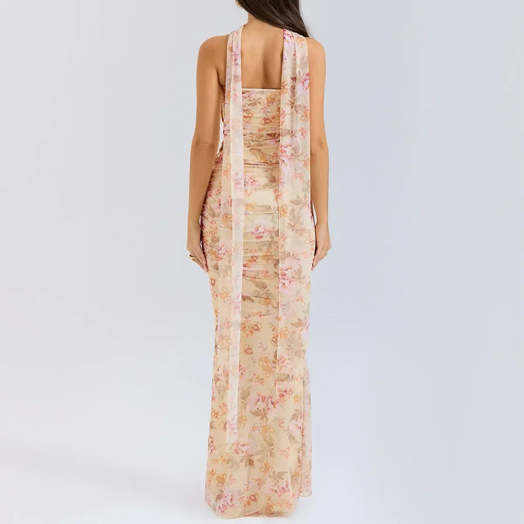 Strapless Crop Top, Maxi Skirt and Scarf Three Piece Set