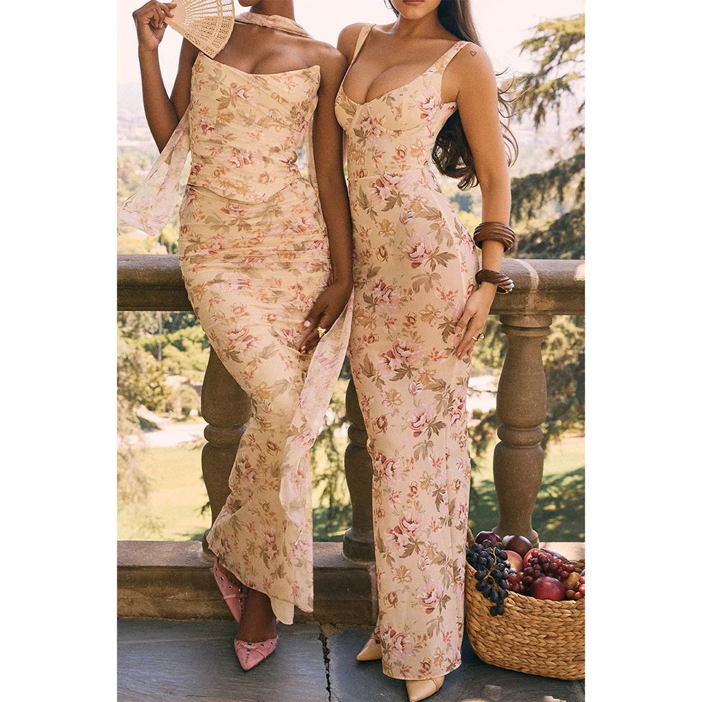 Strapless Crop Top, Maxi Skirt and Scarf Three Piece Set