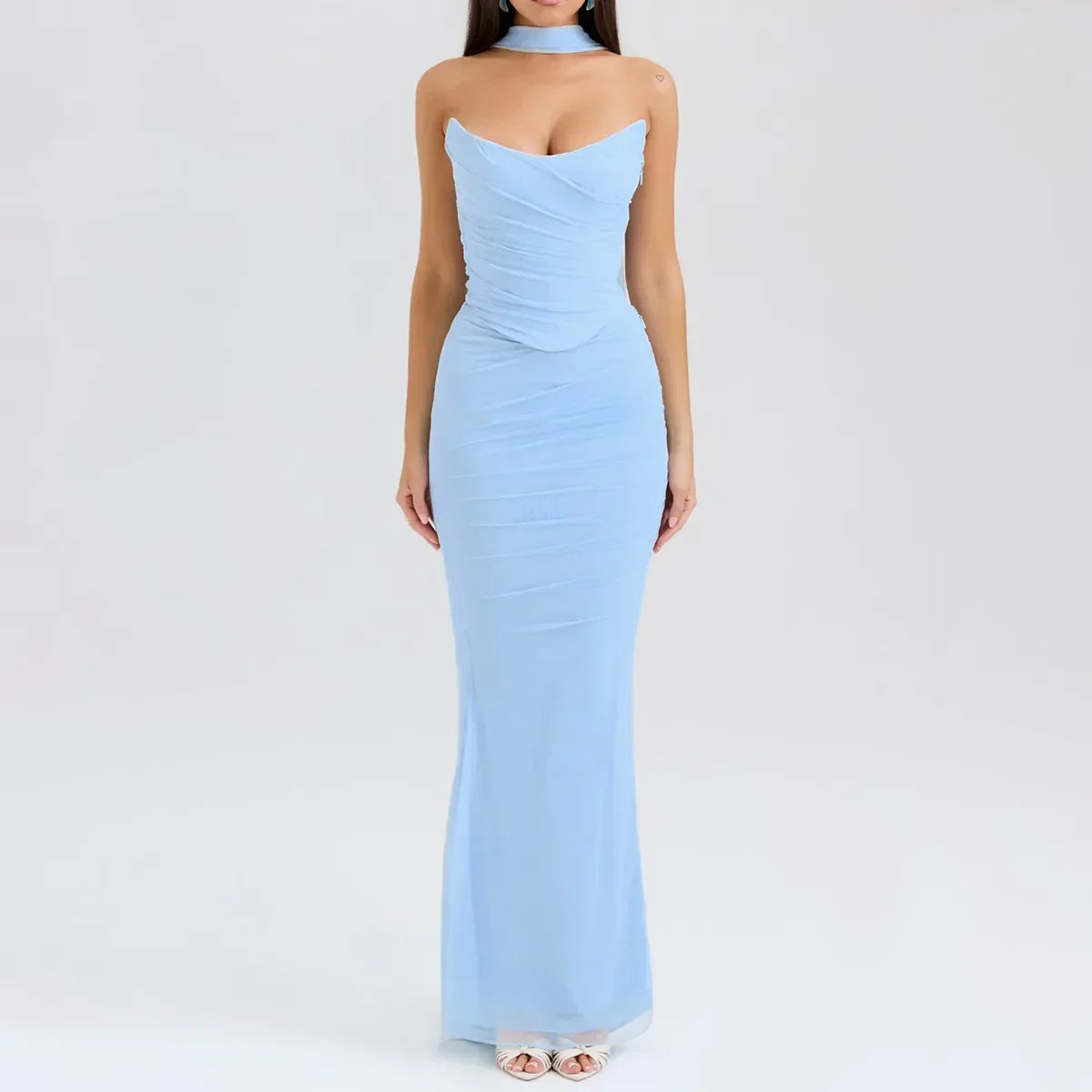 Strapless Crop Top, Maxi Skirt and Scarf Three Piece Set