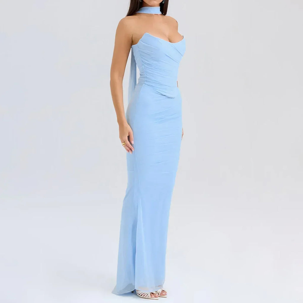 Strapless Crop Top, Maxi Skirt and Scarf Three Piece Set