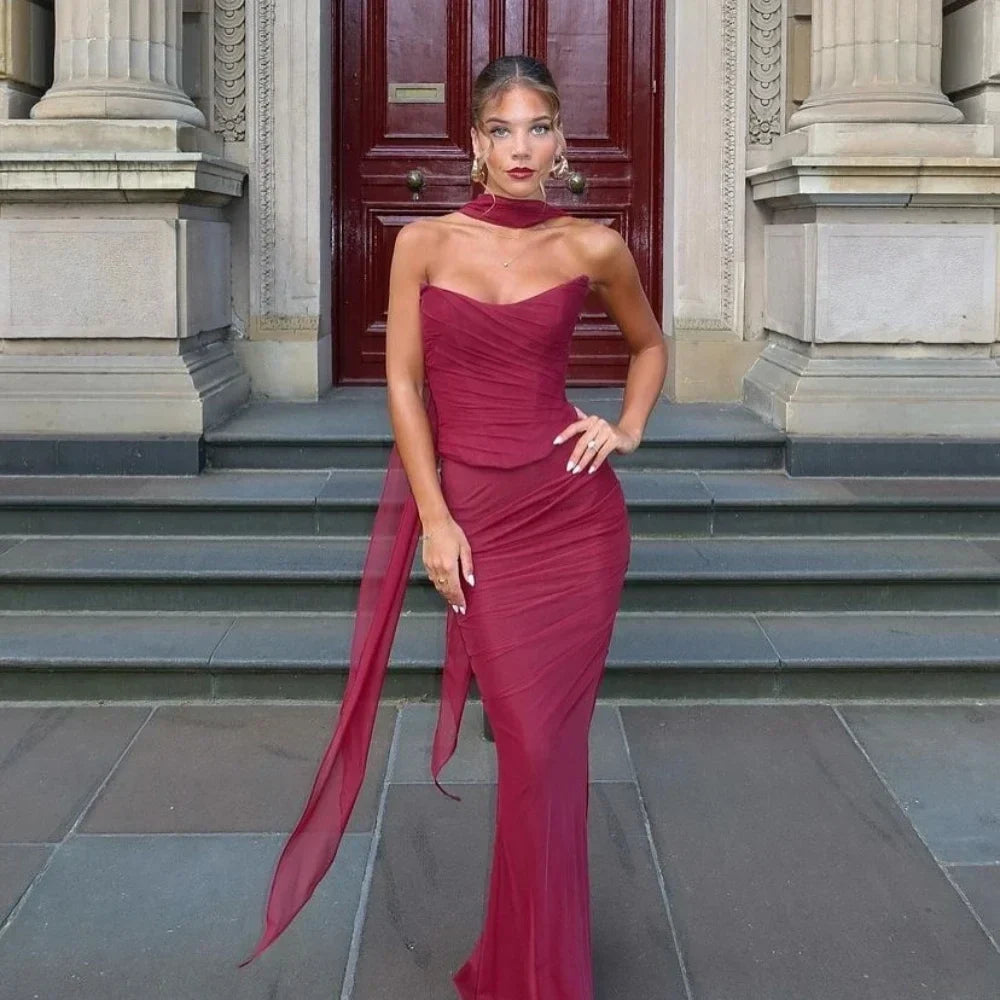 Strapless Crop Top, Maxi Skirt and Scarf Three Piece Set