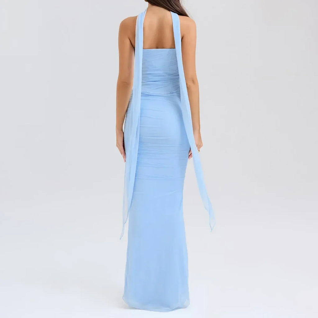 Strapless Crop Top, Maxi Skirt and Scarf Three Piece Set