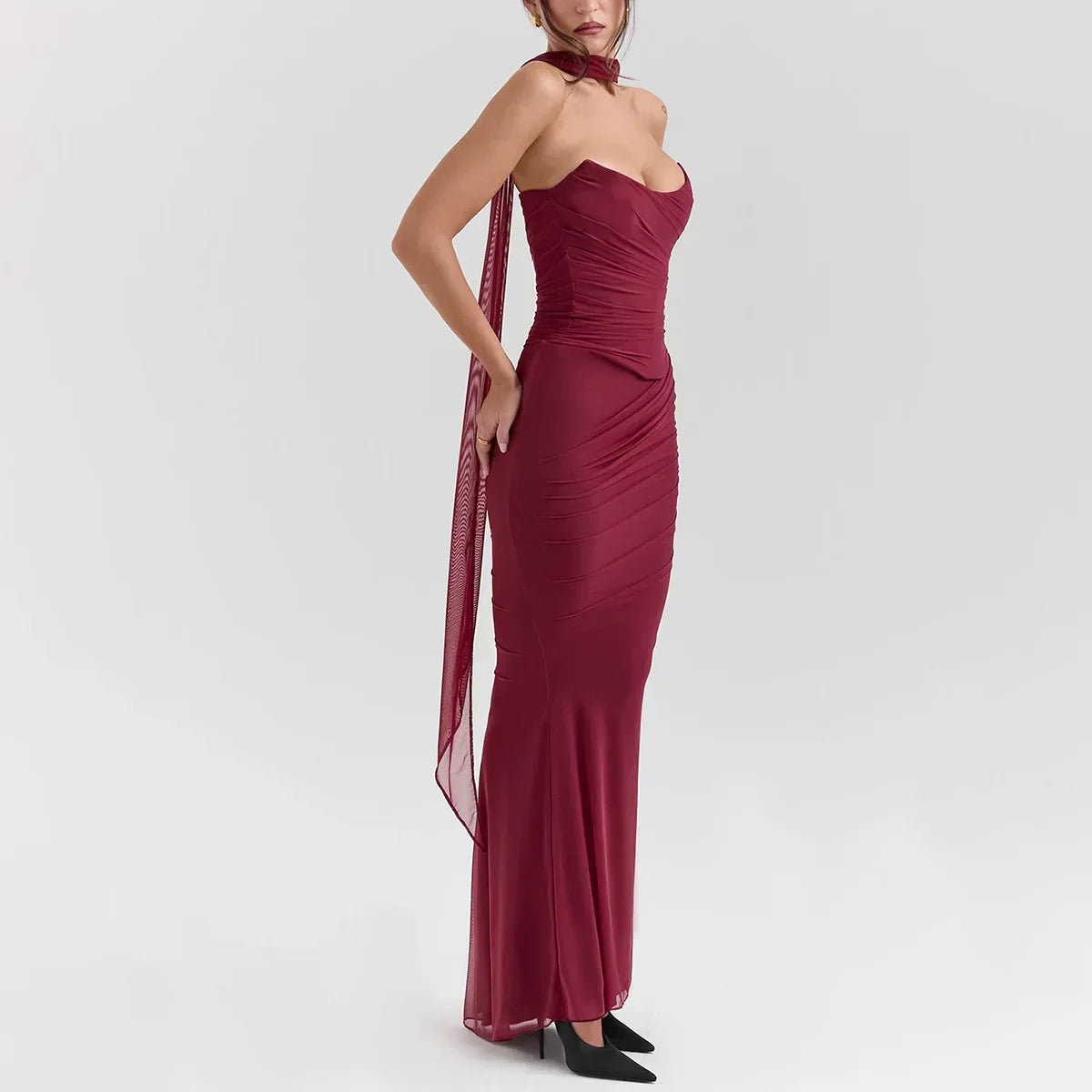 Strapless Crop Top, Maxi Skirt and Scarf Three Piece Set
