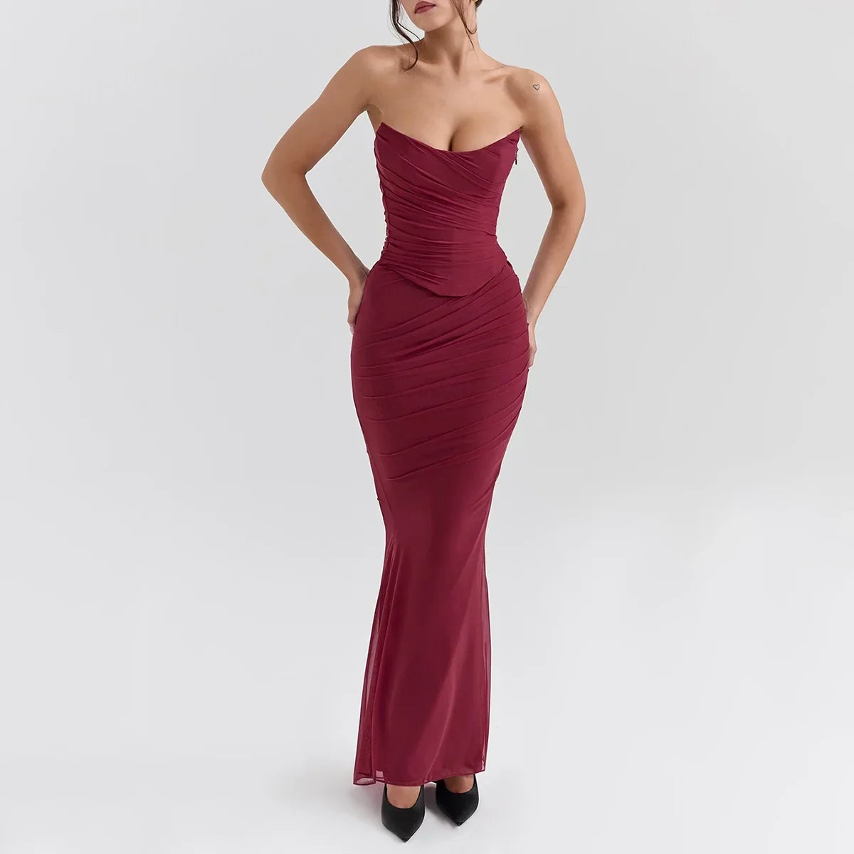 Strapless Crop Top, Maxi Skirt and Scarf Three Piece Set