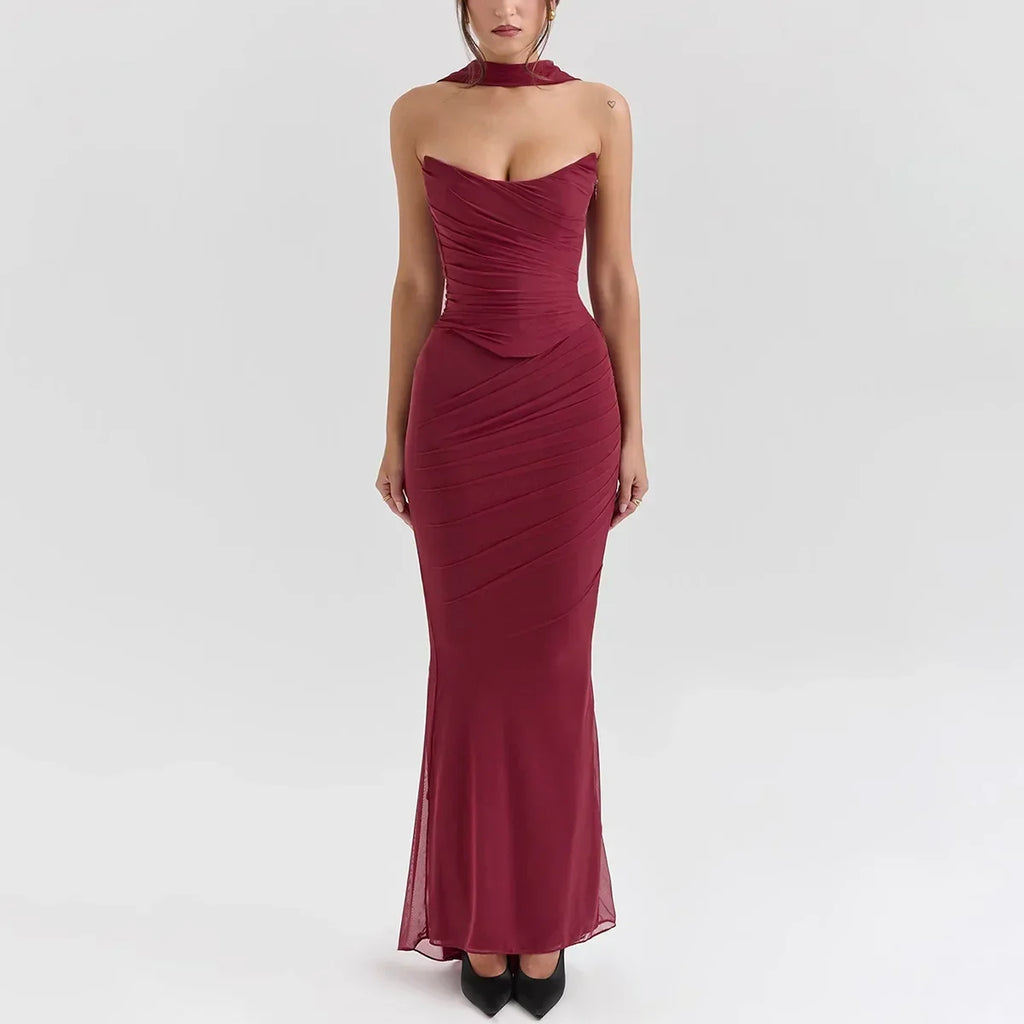 Strapless Crop Top, Maxi Skirt and Scarf Three Piece Set